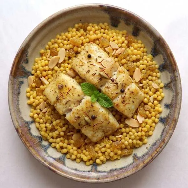 Stone Flower Scented Fish with Golden Saffron Pearl Couscous
